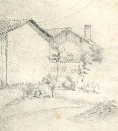 19th century of a House in 1885 Artwork - Antique Pencil Drawing Original - 4