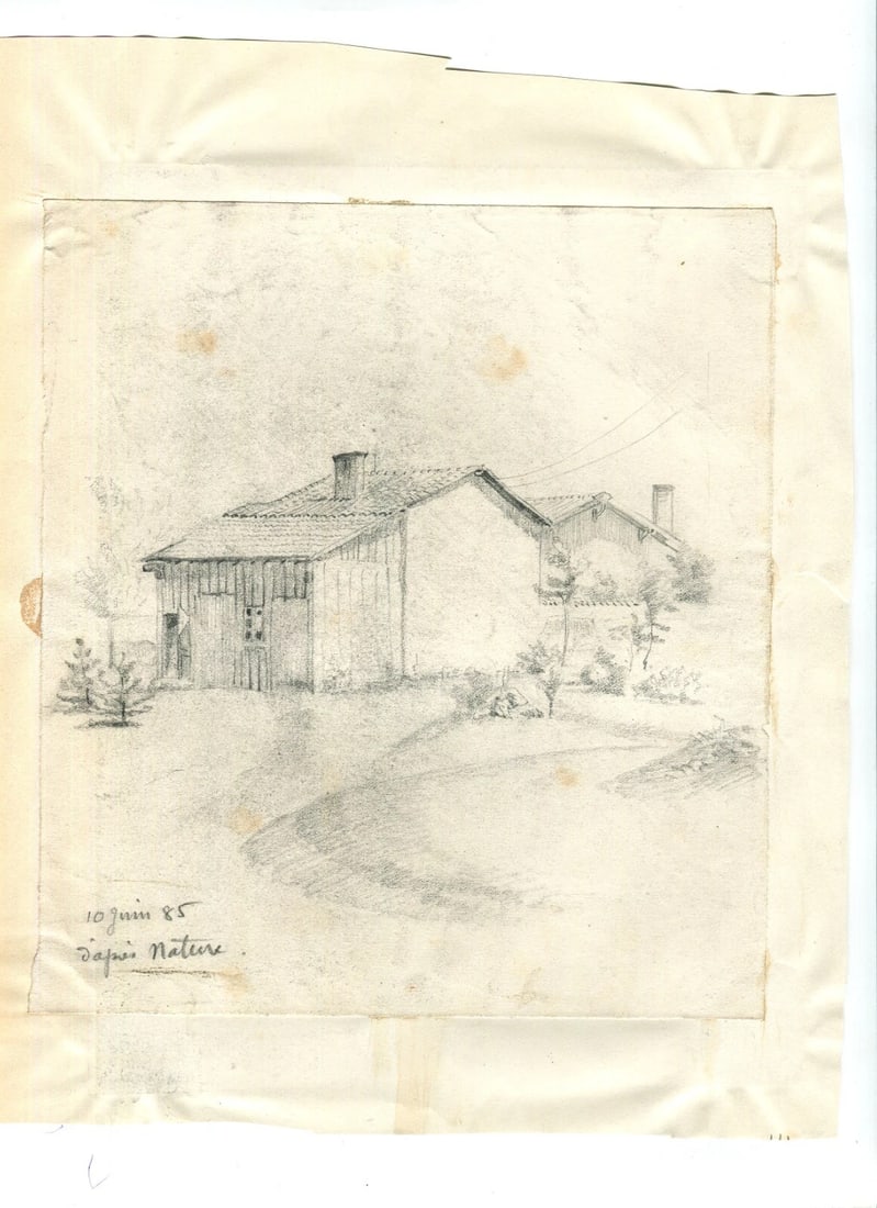 19th century of a House in 1885 Artwork - Antique Pencil Drawing Original - 6