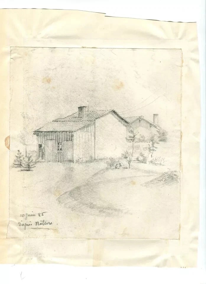 19th century of a House in 1885 Artwork - Antique Pencil Drawing Original - 8
