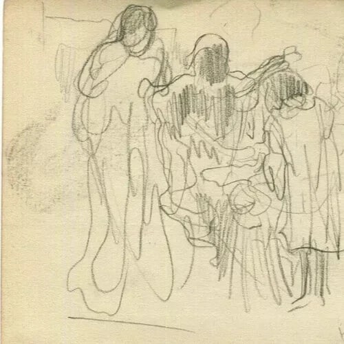 French Pencil Drawing Sketch Figures Signed Antique Original - 3