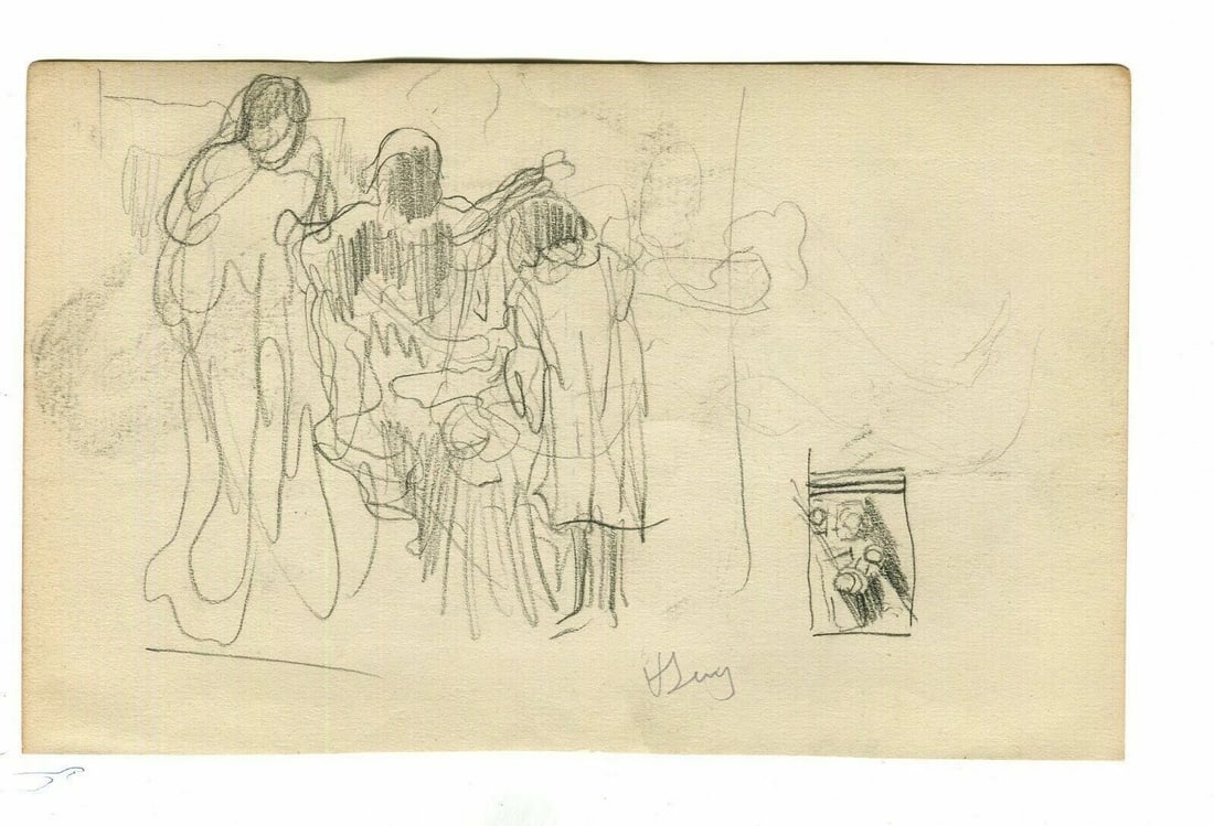 French Pencil Drawing Sketch Figures Signed Antique Original - 6