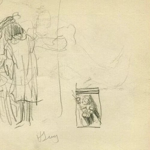 French Pencil Drawing Sketch Figures Signed Antique Original - 7