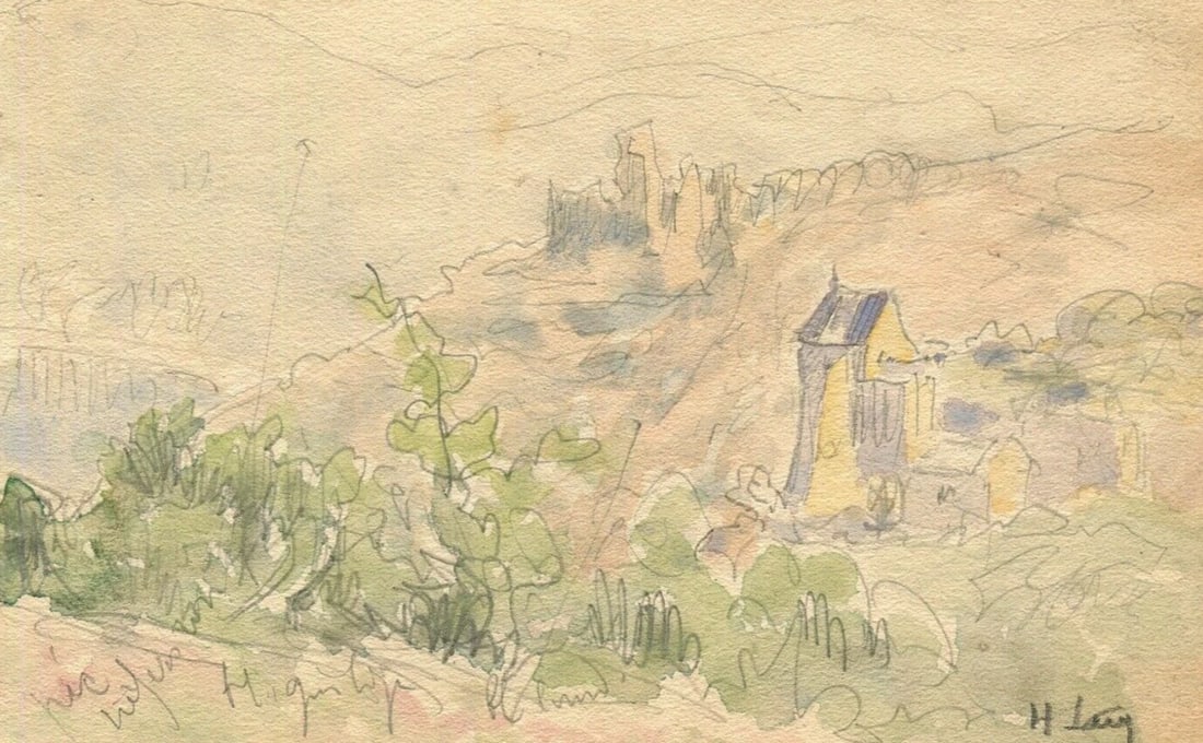 1910 Dated French Pencil Drawing Mountain Landscape with Village circa Signed: Drawing Original signed, Mountain Landscape with Village circa 1910 Description: Watercolor on paper 14,5 x 8,5 cm / 5.70 x 3.34 inches stains, folds Reserve: $50.00 Shipping: Domestic: Flat-rate