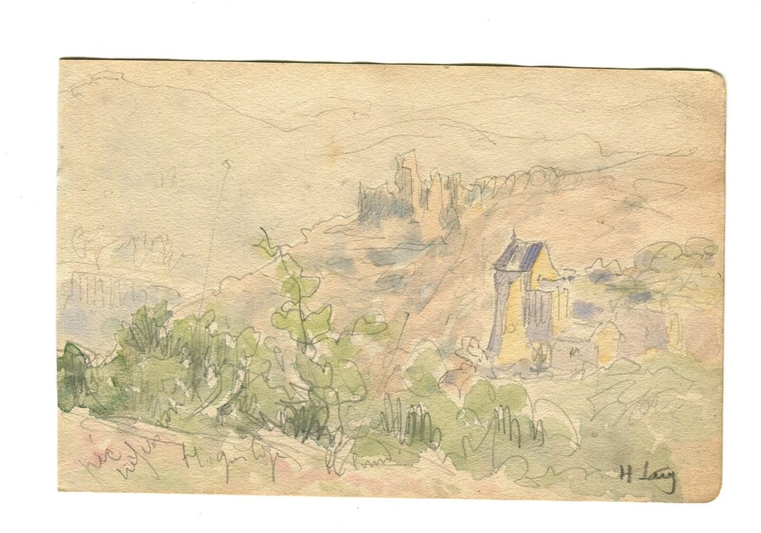 1910 Dated French Pencil Drawing Mountain Landscape with Village circa Signed - 2