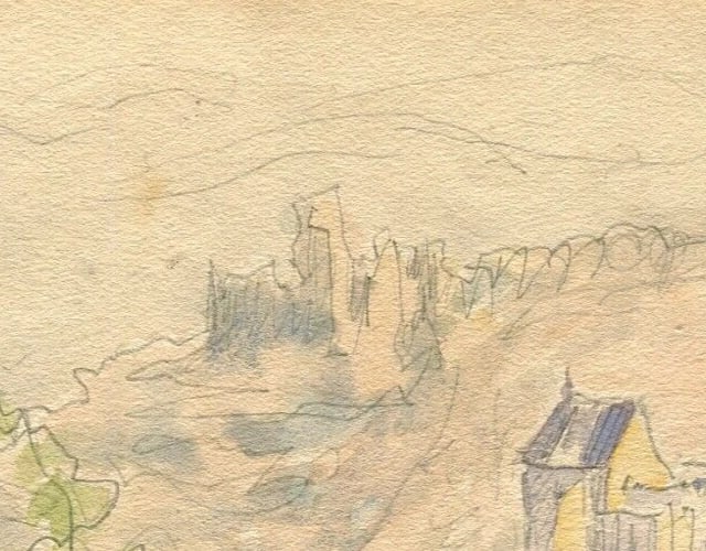 1910 Dated French Pencil Drawing Mountain Landscape with Village circa Signed - 3