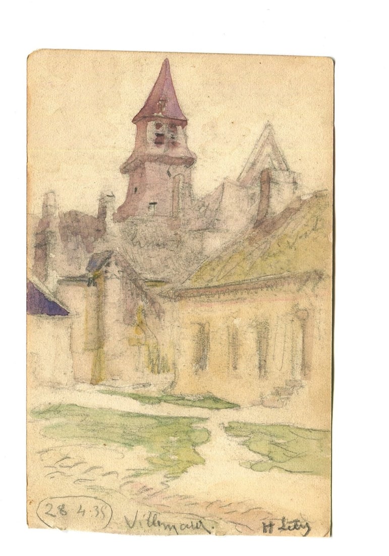 1935 Dated French Pencil Drawing Village Landscape, Church Signed Antique - 2