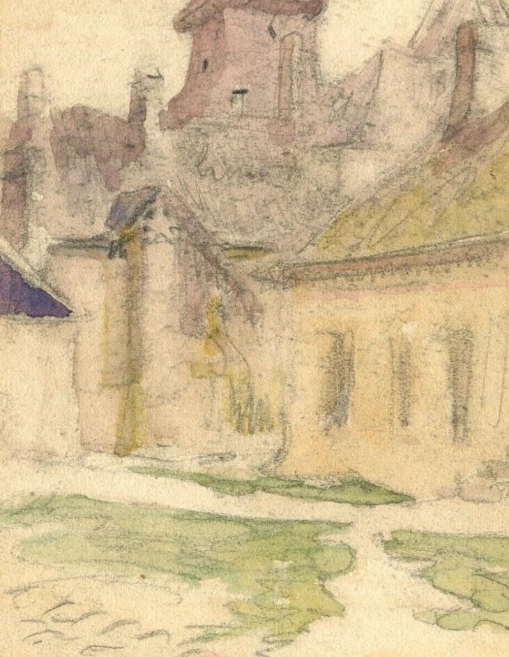 1935 Dated French Pencil Drawing Village Landscape, Church Signed Antique - 3