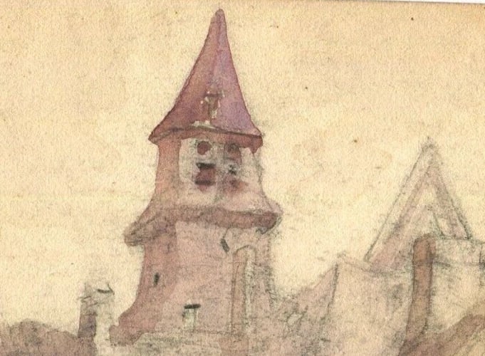 1935 Dated French Pencil Drawing Village Landscape, Church Signed Antique - 4