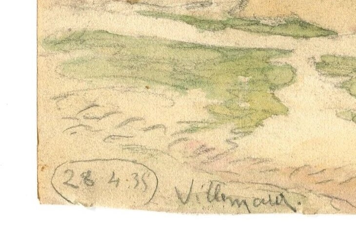 1935 Dated French Pencil Drawing Village Landscape, Church Signed Antique - 6