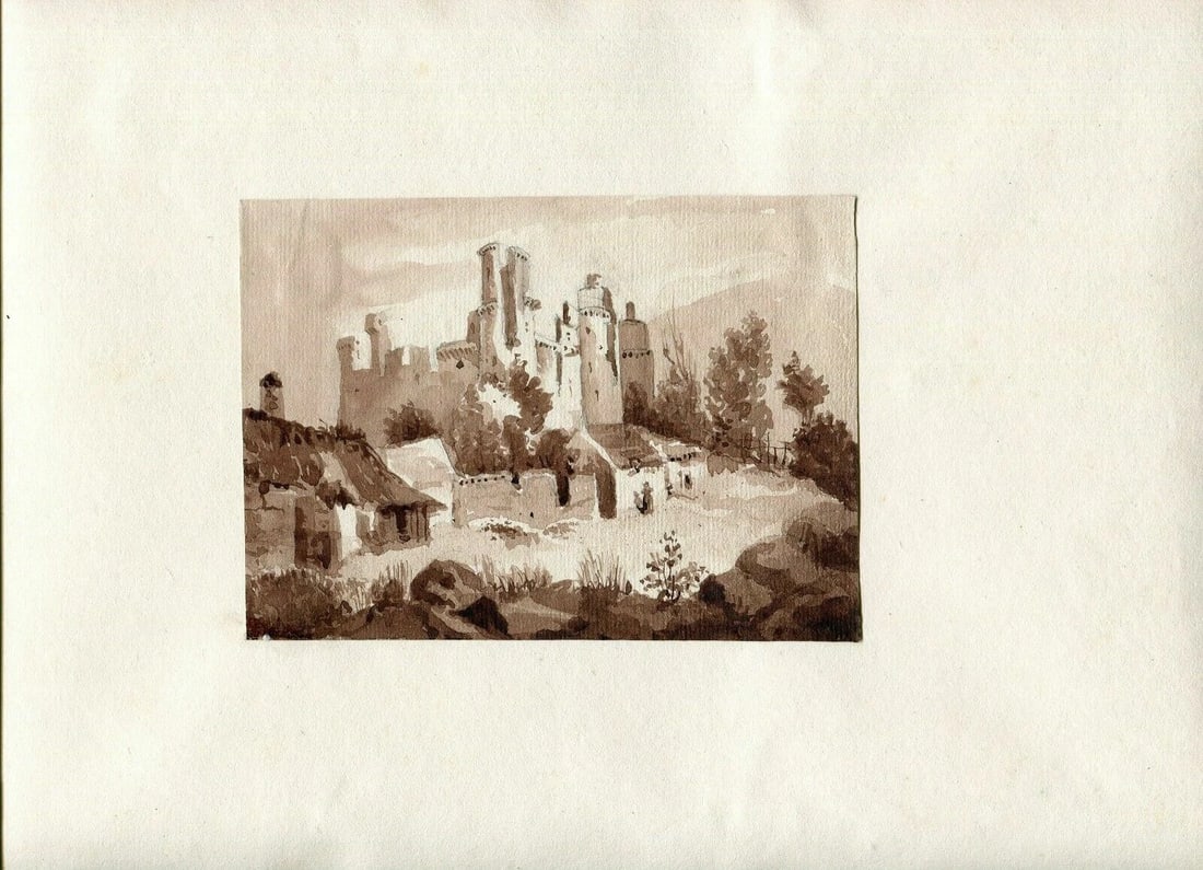 Antique Ink Drawing 19th century Architecture Ruins Castle Landscape Artwork - 2