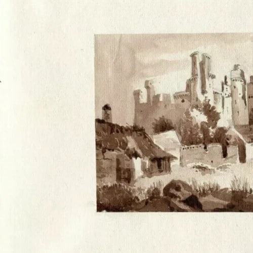 Antique Ink Drawing 19th century Architecture Ruins Castle Landscape Artwork - 3