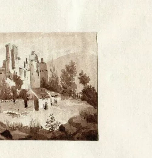 Antique Ink Drawing 19th century Architecture Ruins Castle Landscape Artwork - 5