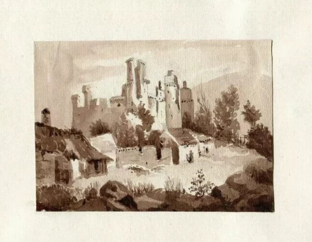 Antique Ink Drawing 19th century Architecture Ruins Castle Landscape Artwork - 6