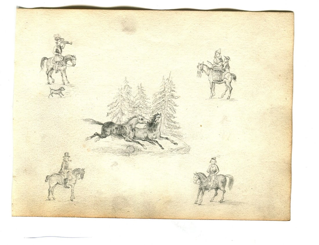 Antique Pencil Original Drawing 19th century of Horses, Hunting Scenes Artwork - 2