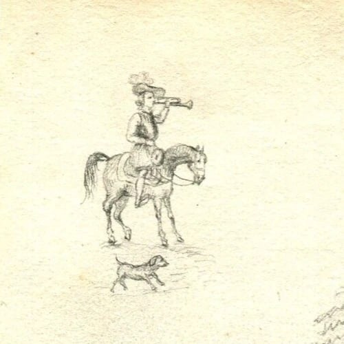 Antique Pencil Original Drawing 19th century of Horses, Hunting Scenes Artwork - 4