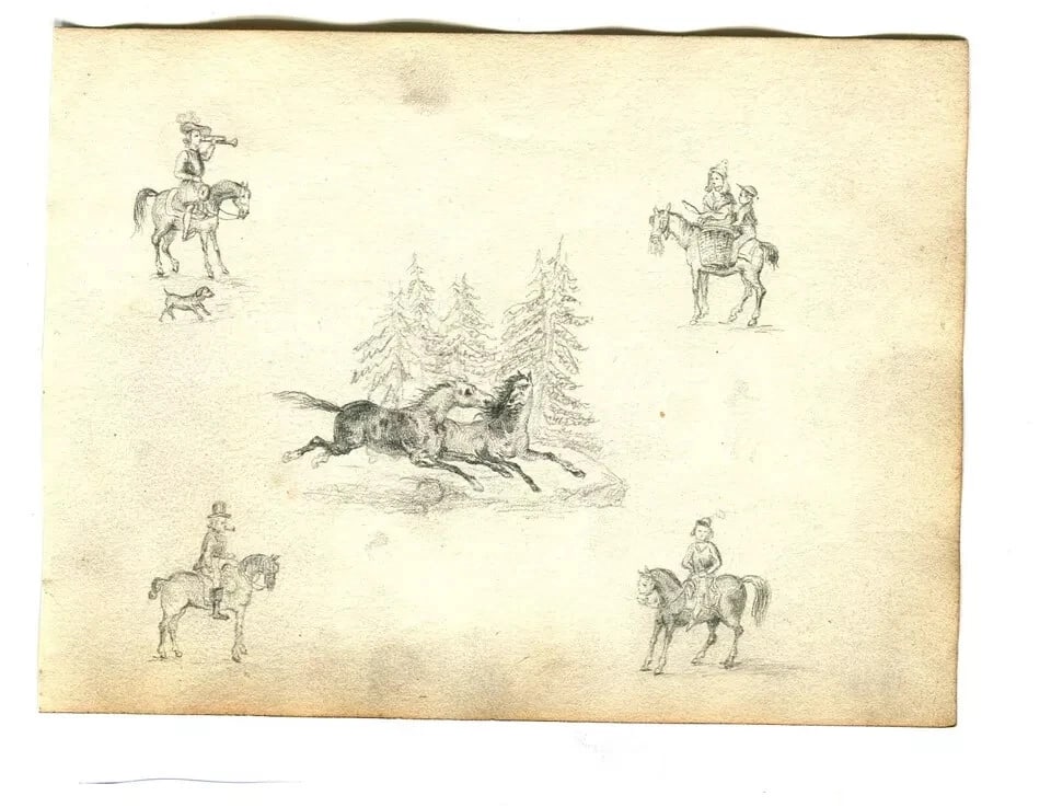 Antique Pencil Original Drawing 19th century of Horses, Hunting Scenes Artwork - 5