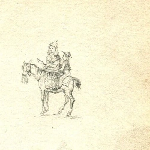 Antique Pencil Original Drawing 19th century of Horses, Hunting Scenes Artwork - 6
