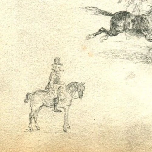 Antique Pencil Original Drawing 19th century of Horses, Hunting Scenes Artwork - 7