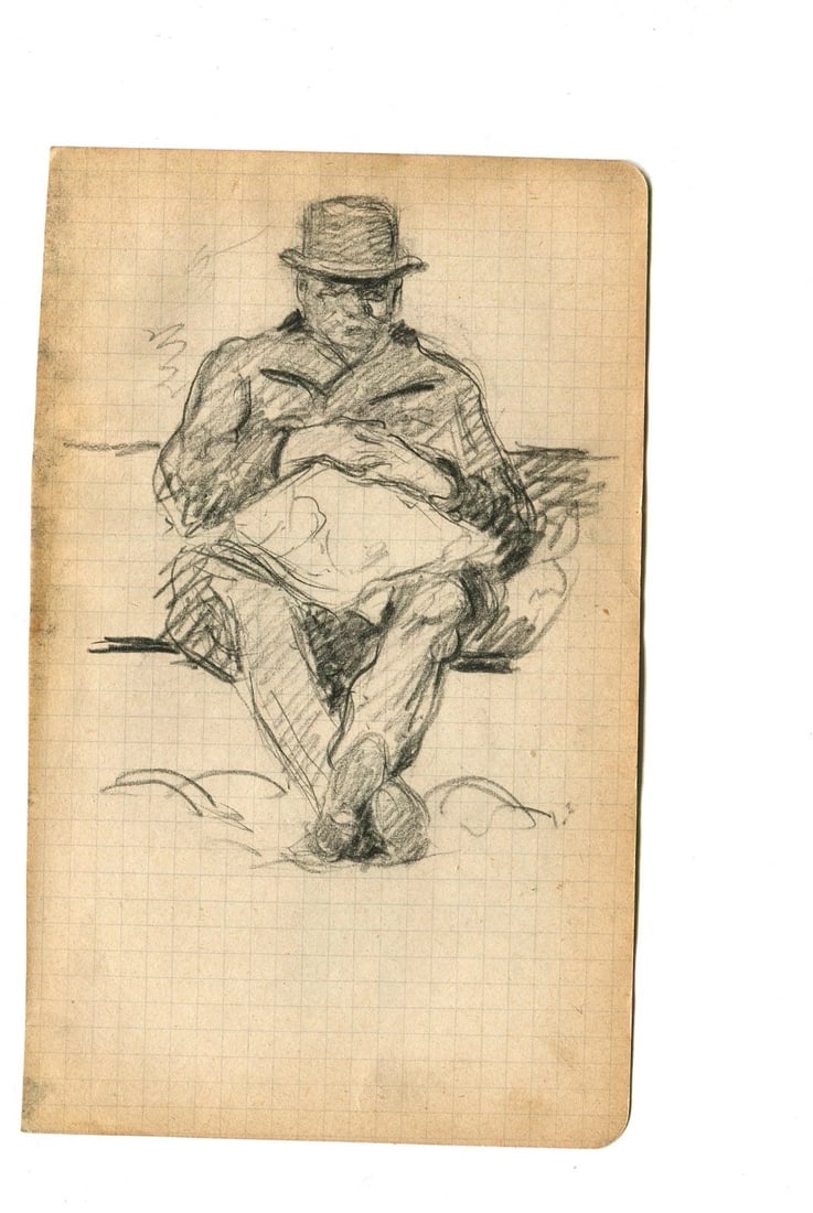 French Pencil Drawing Portrait, Man Figure with Newspaper Original - 2