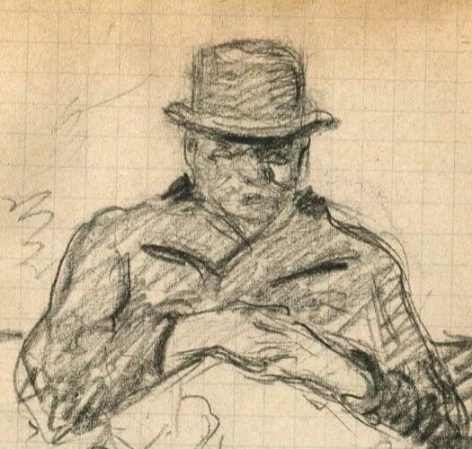 French Pencil Drawing Portrait, Man Figure with Newspaper Original - 3