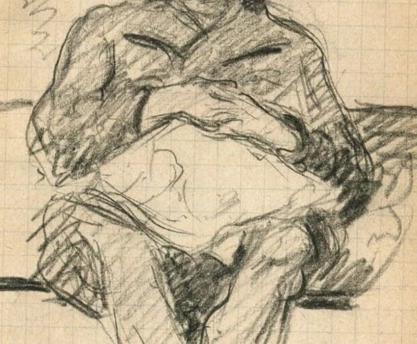 French Pencil Drawing Portrait, Man Figure with Newspaper Original - 4