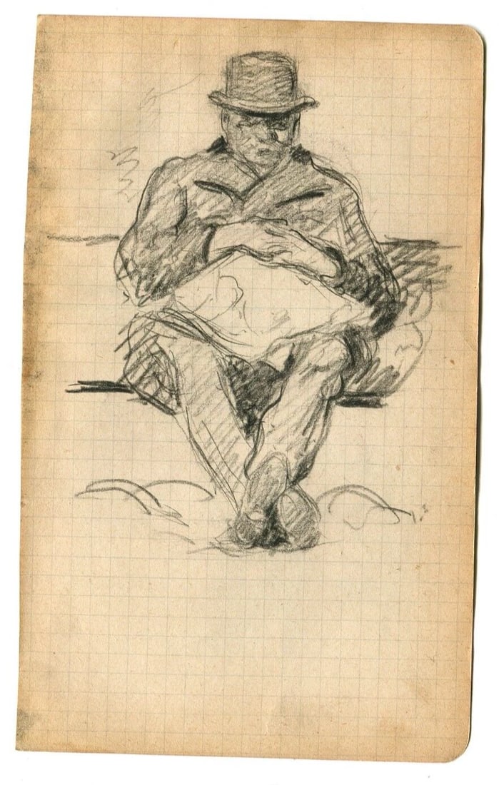 French Pencil Drawing Portrait, Man Figure with Newspaper Original - 6