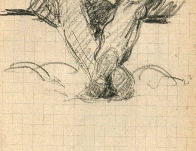 French Pencil Drawing Portrait, Man Figure with Newspaper Original - 7