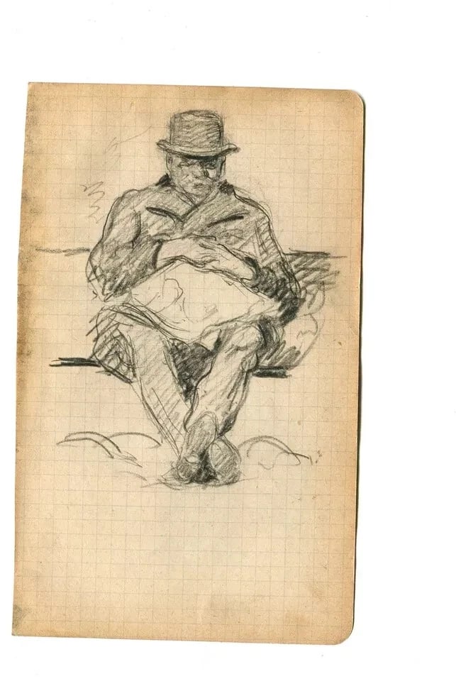 French Pencil Drawing Portrait, Man Figure with Newspaper Original - 8
