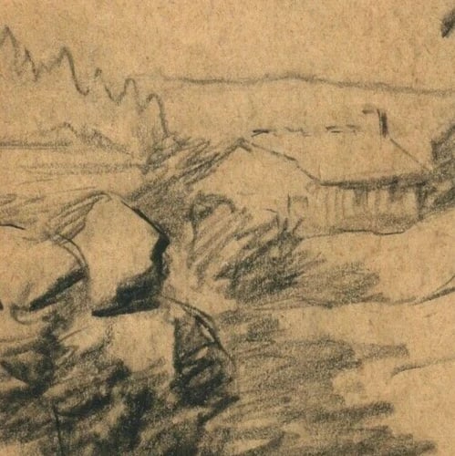 1932 Dated French Pencil Drawing Village, Landscape, Building Antique Original - 3