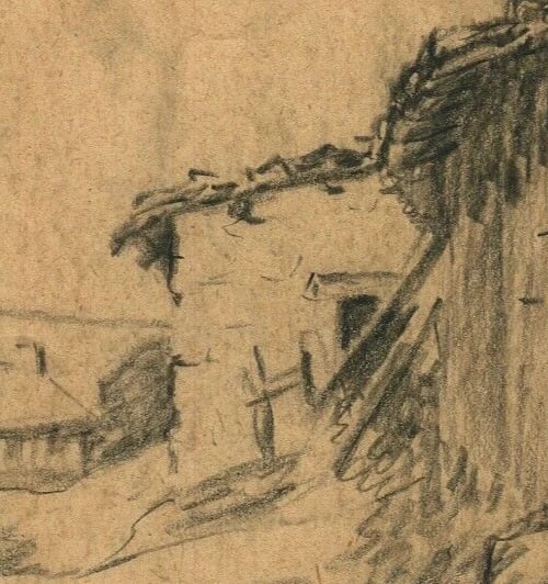 1932 Dated French Pencil Drawing Village, Landscape, Building Antique Original - 4