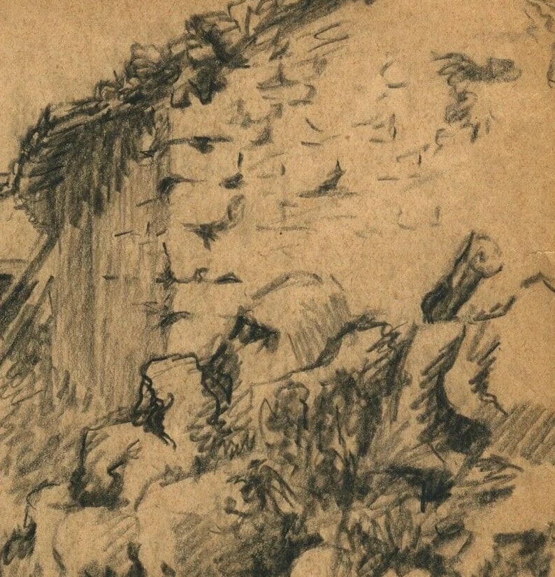 1932 Dated French Pencil Drawing Village, Landscape, Building Antique Original - 6