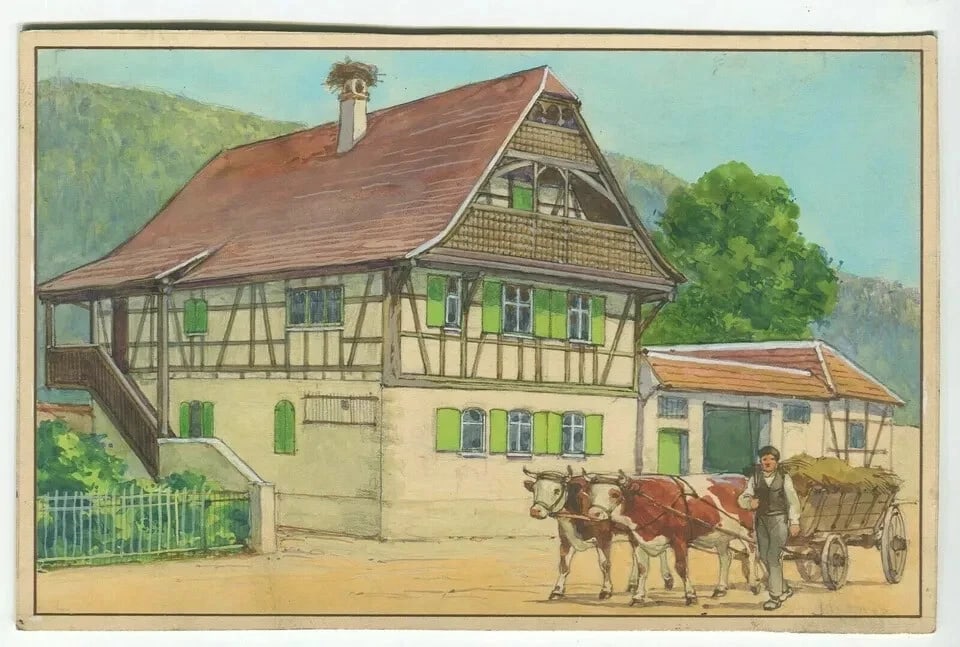 French Art Deco Gouache Drawing House Illustration Antique Original - 2