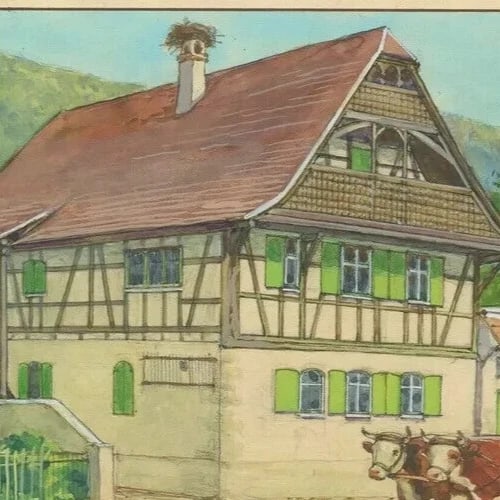 French Art Deco Gouache Drawing House Illustration Antique Original - 7