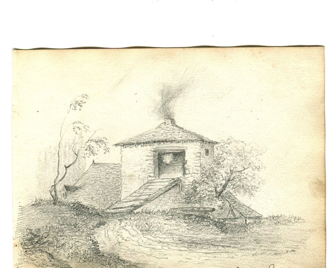 French Pencil Drawing Thatched Cottage Landscape Antique Original - 2