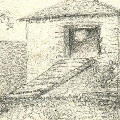 French Pencil Drawing Thatched Cottage Landscape Antique Original - 3