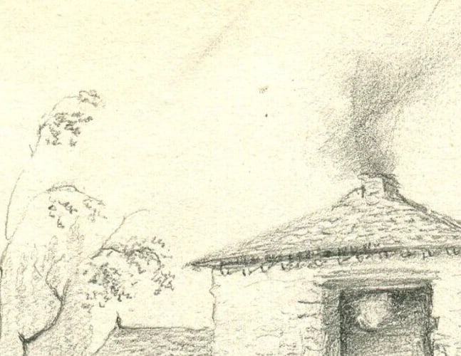 French Pencil Drawing Thatched Cottage Landscape Antique Original - 4