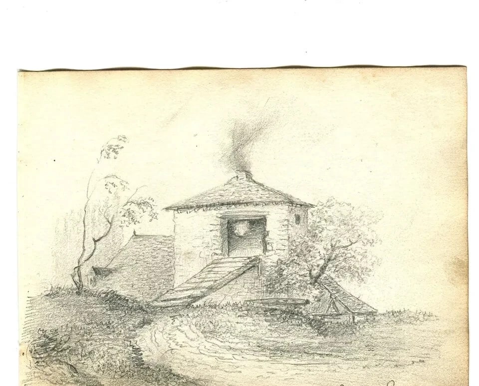 French Pencil Drawing Thatched Cottage Landscape Antique Original - 5
