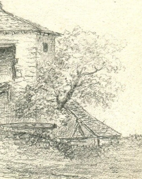 French Pencil Drawing Thatched Cottage Landscape Antique Original - 6