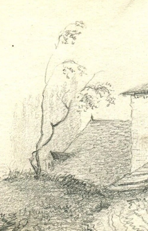 French Pencil Drawing Thatched Cottage Landscape Antique Original - 7
