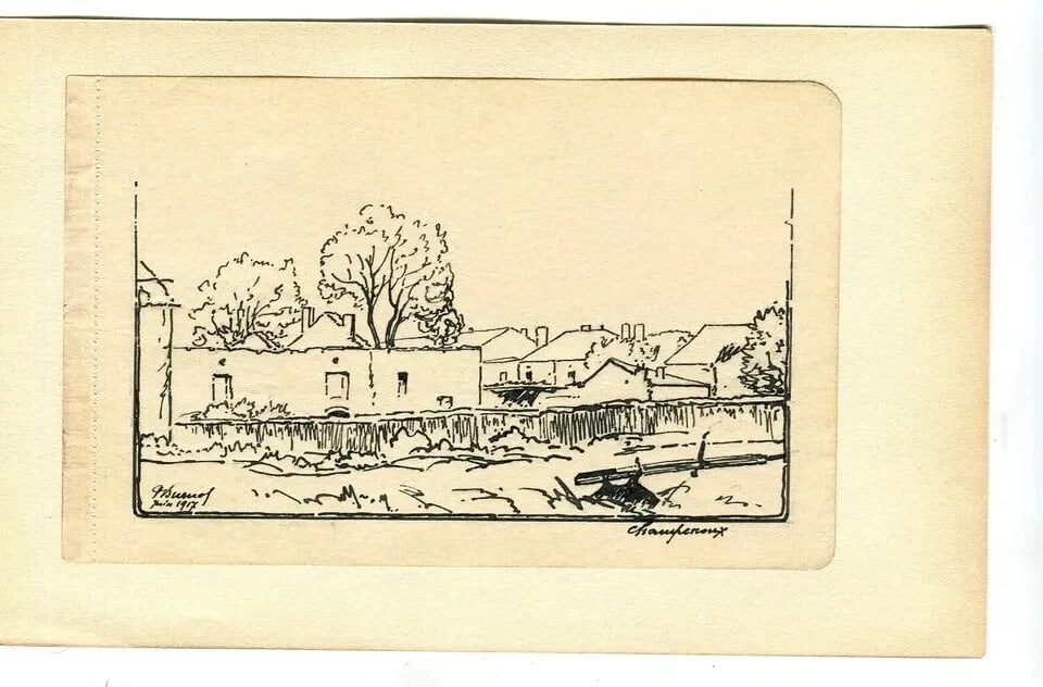 French Ink Drawing Champenoux Landscape Antique Original - 5