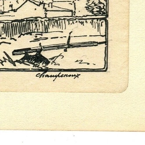 French Ink Drawing Champenoux Landscape Antique Original - 7