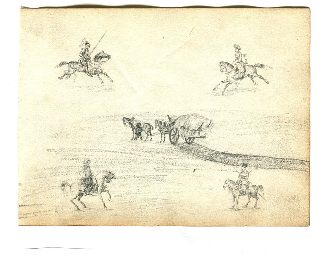 French Pencil Drawing Rider, Horse, Figures, Plow Antique Original - 2