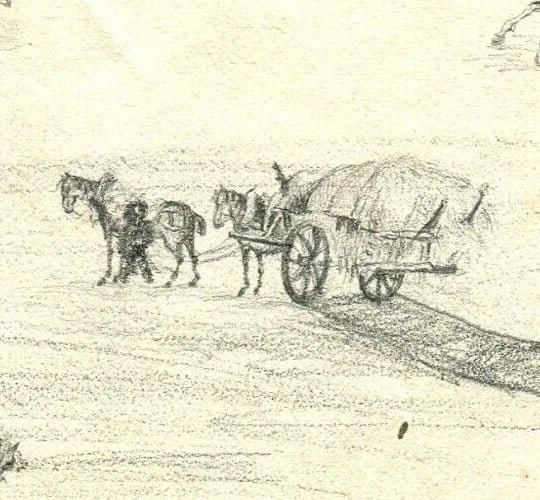 French Pencil Drawing Rider, Horse, Figures, Plow Antique Original - 3