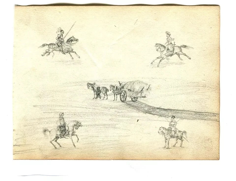 French Pencil Drawing Rider, Horse, Figures, Plow Antique Original - 5