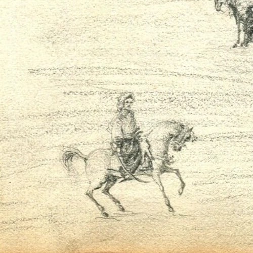 French Pencil Drawing Rider, Horse, Figures, Plow Antique Original - 6