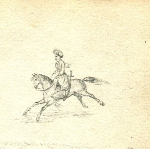 French Pencil Drawing Rider, Horse, Figures, Plow Antique Original - 7