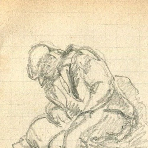 French Pencil Drawing Man sitting Down Sketch Signed Antique - 2
