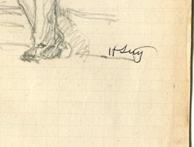 French Pencil Drawing Man sitting Down Sketch Signed Antique - 4