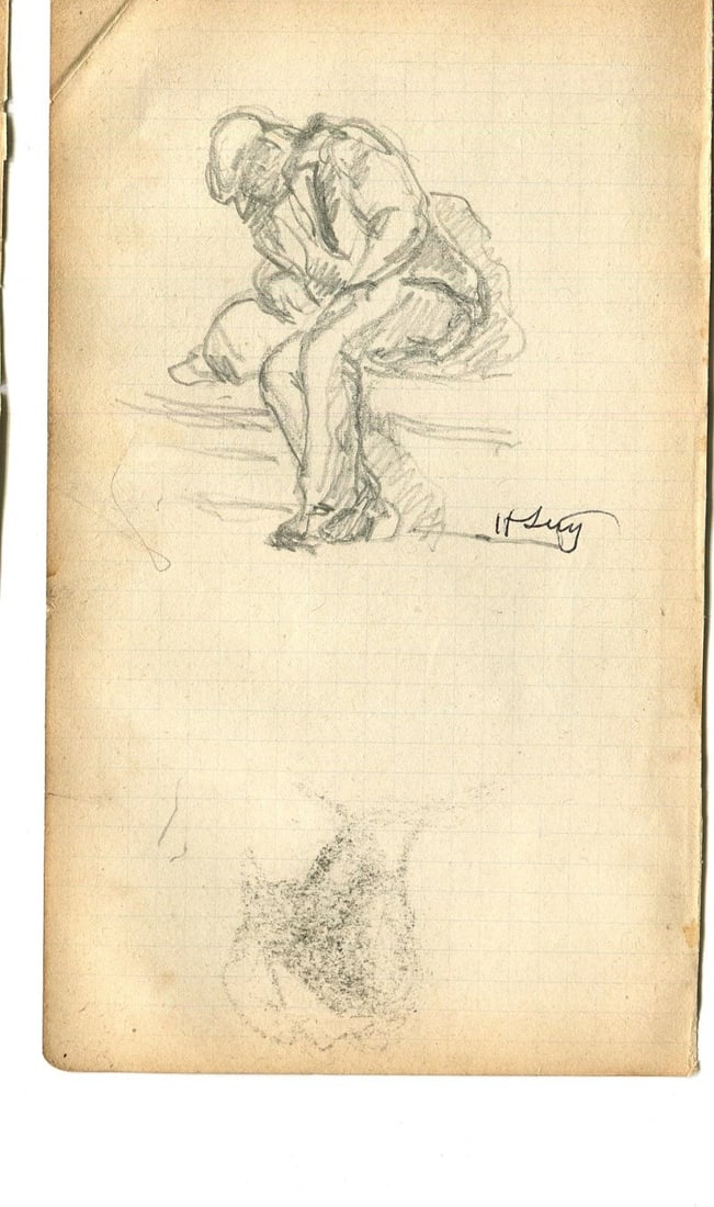French Pencil Drawing Man sitting Down Sketch Signed Antique - 6