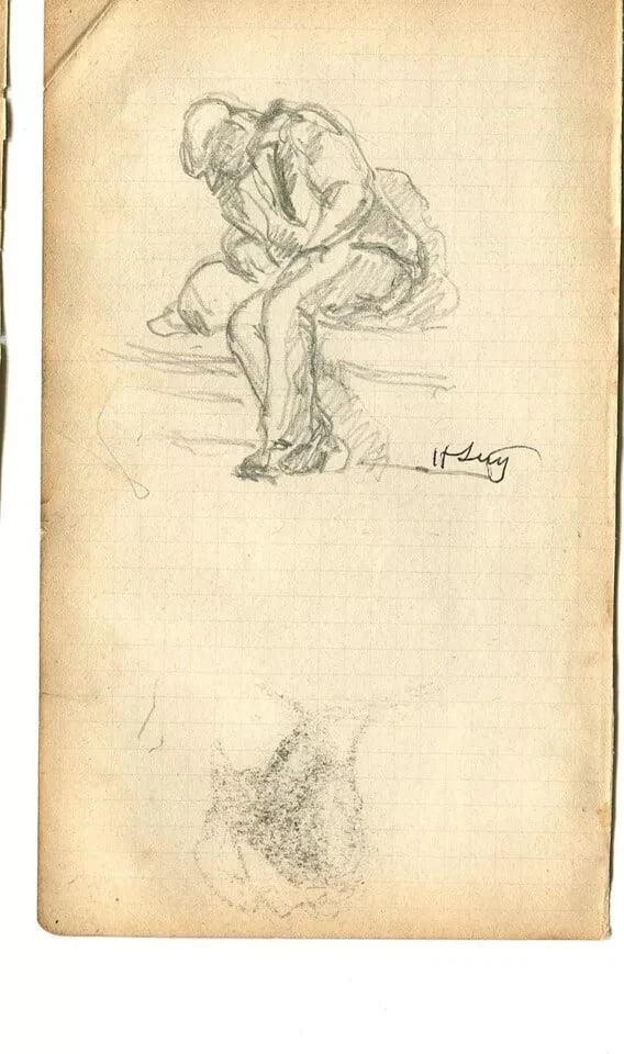 French Pencil Drawing Man sitting Down Sketch Signed Antique - 7